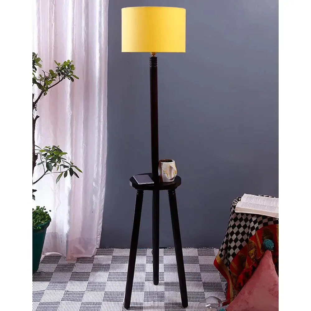 Premium Wood Brown Table Storage Floor Lamp With Cotton Shade Red