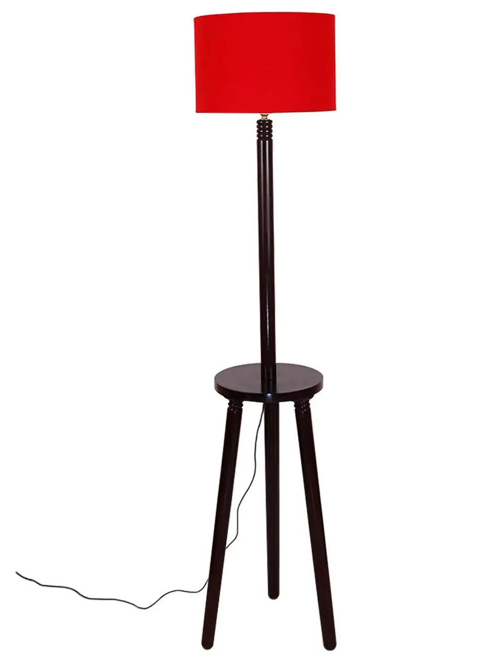 Premium Wood Brown Table Storage Floor Lamp With Cotton Shade Red