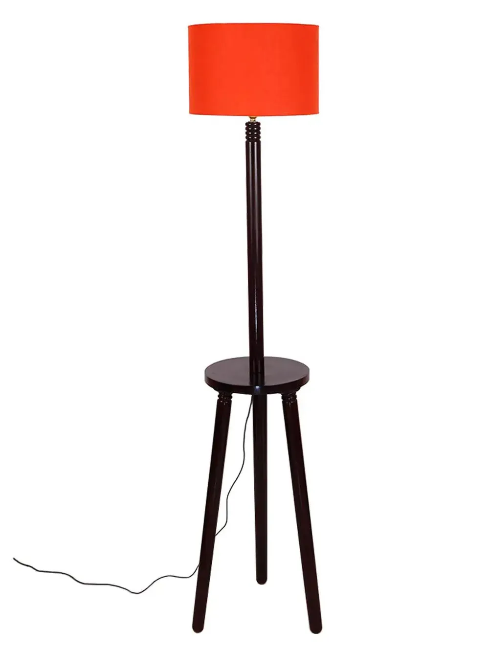 Premium Wood Brown Table Storage Floor Lamp With Cotton Shade Red