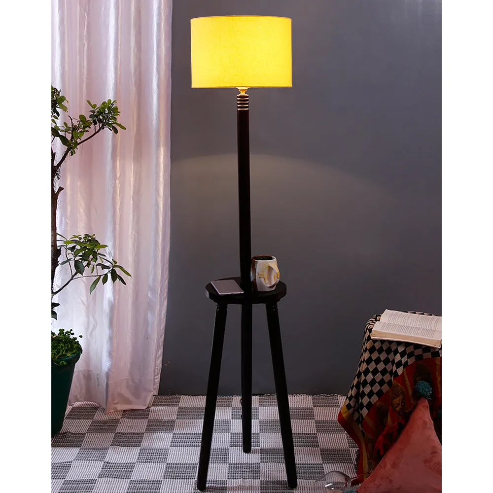 Premium Wood Brown Table Storage Floor Lamp With Cotton Shade Red
