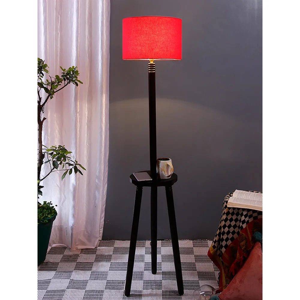 Premium Wood Brown Table Storage Floor Lamp With Cotton Shade Red