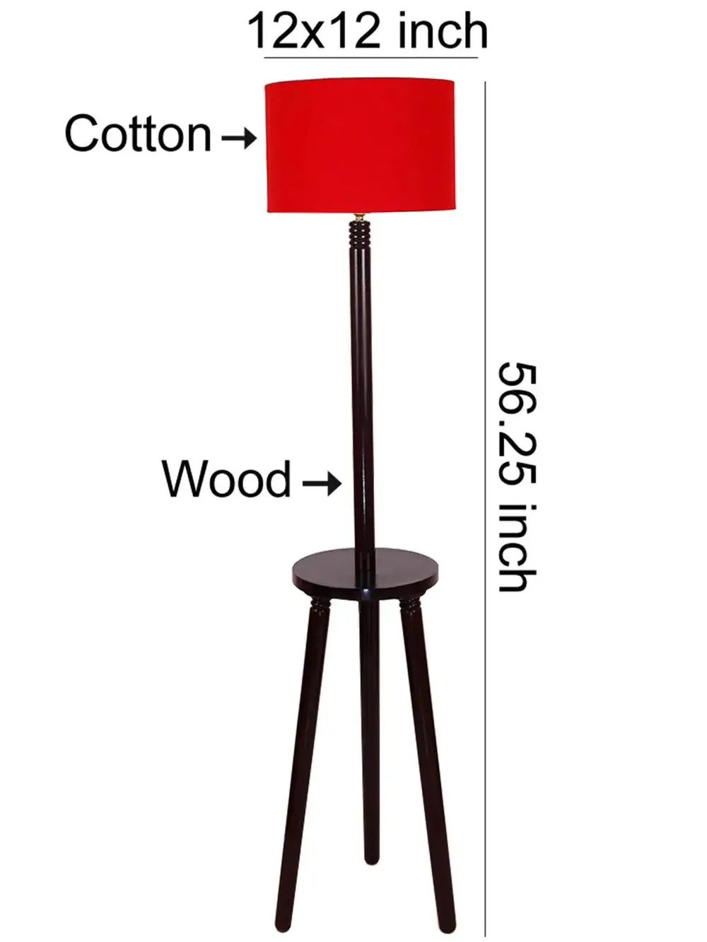 Premium Wood Brown Table Storage Floor Lamp With Cotton Shade Red