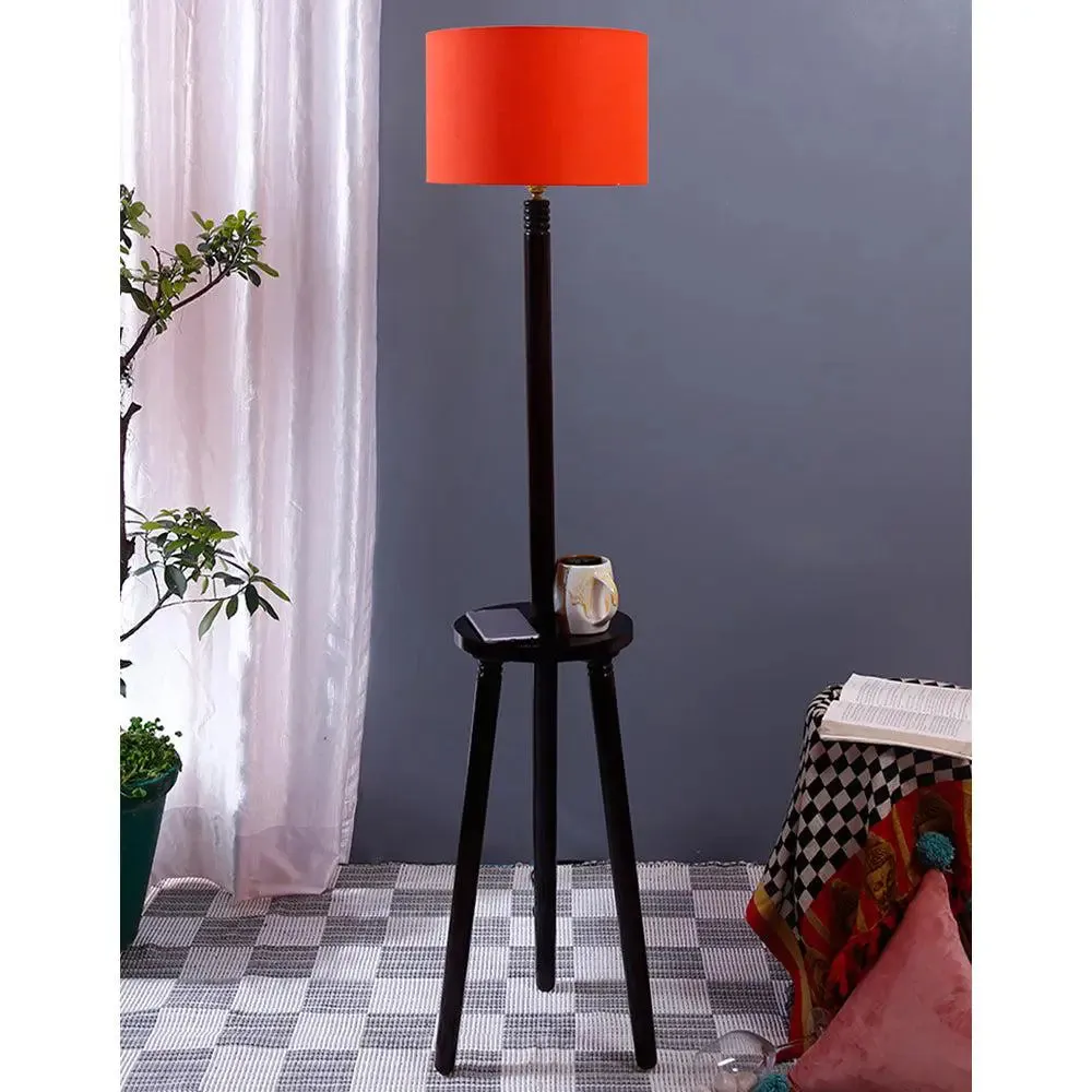 Premium Wood Brown Table Storage Floor Lamp With Cotton Shade Red