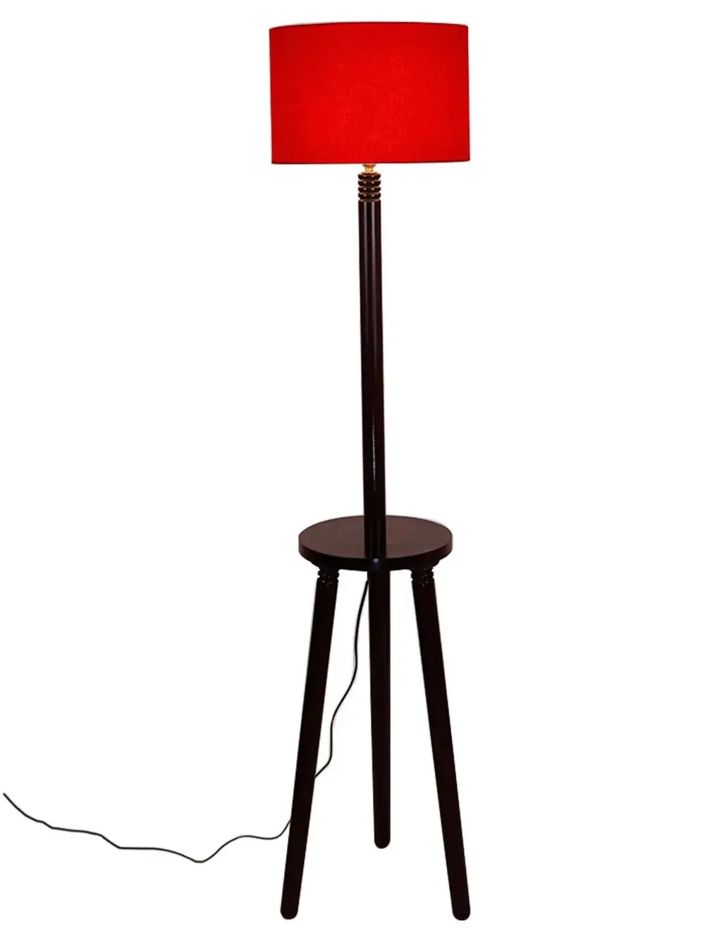 Premium Wood Brown Table Storage Floor Lamp With Cotton Shade Red