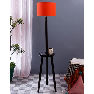 Premium Wood Brown Table Storage Floor Lamp With Cotton Shade
