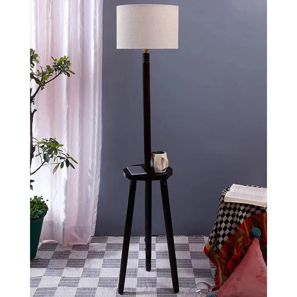 Premium Wood Brown Table Storage Floor Lamp With Jute Shade Maroon