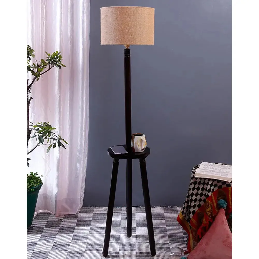 Premium Wood Brown Table Storage Floor Lamp With Jute Shade Maroon
