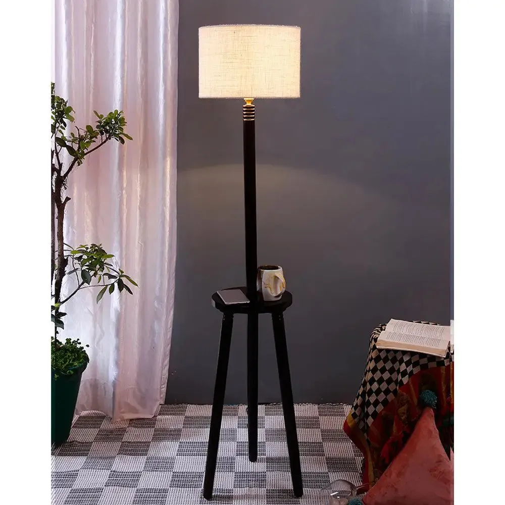 Premium Wood Brown Table Storage Floor Lamp With Jute Shade Maroon