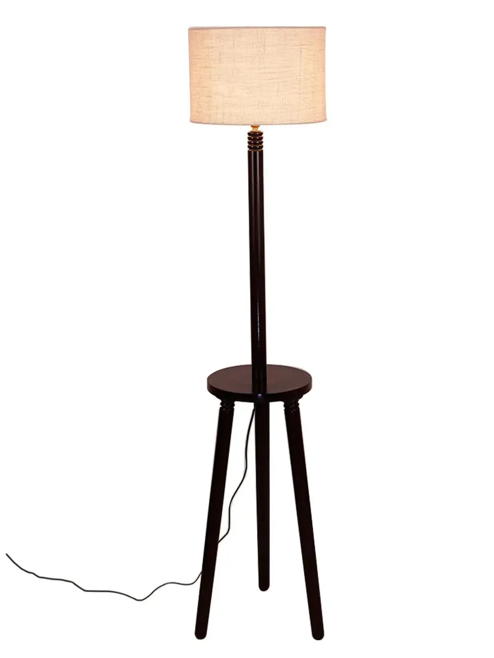 Premium Wood Brown Table Storage Floor Lamp With Jute Shade Maroon