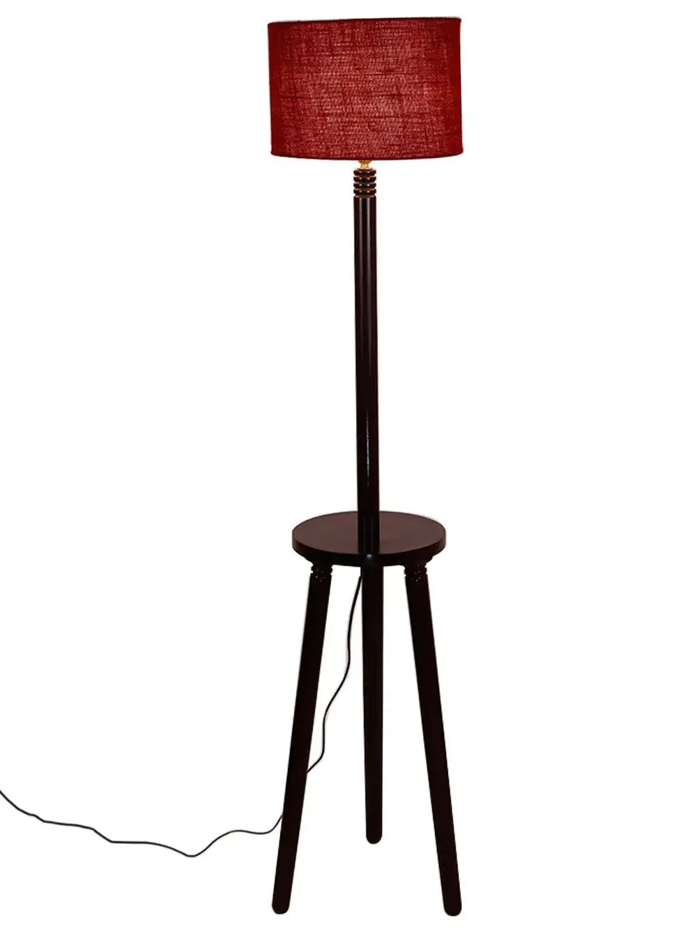 Premium Wood Brown Table Storage Floor Lamp With Jute Shade Maroon