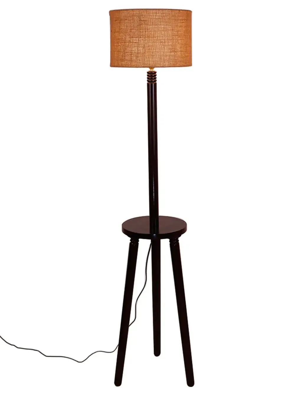 Premium Wood Brown Table Storage Floor Lamp With Jute Shade Maroon