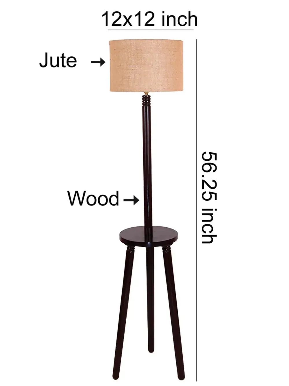 Premium Wood Brown Table Storage Floor Lamp With Jute Shade Maroon