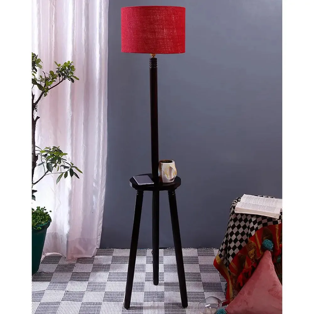 Premium Wood Brown Table Storage Floor Lamp With Jute Shade Maroon