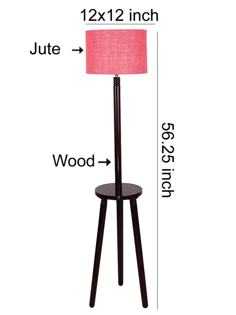 Premium Wood Brown Table Storage Floor Lamp With Jute Shade Maroon