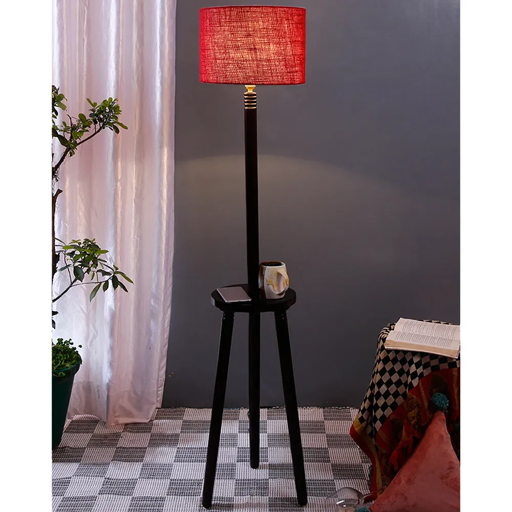 Premium Wood Brown Table Storage Floor Lamp With Jute Shade Maroon