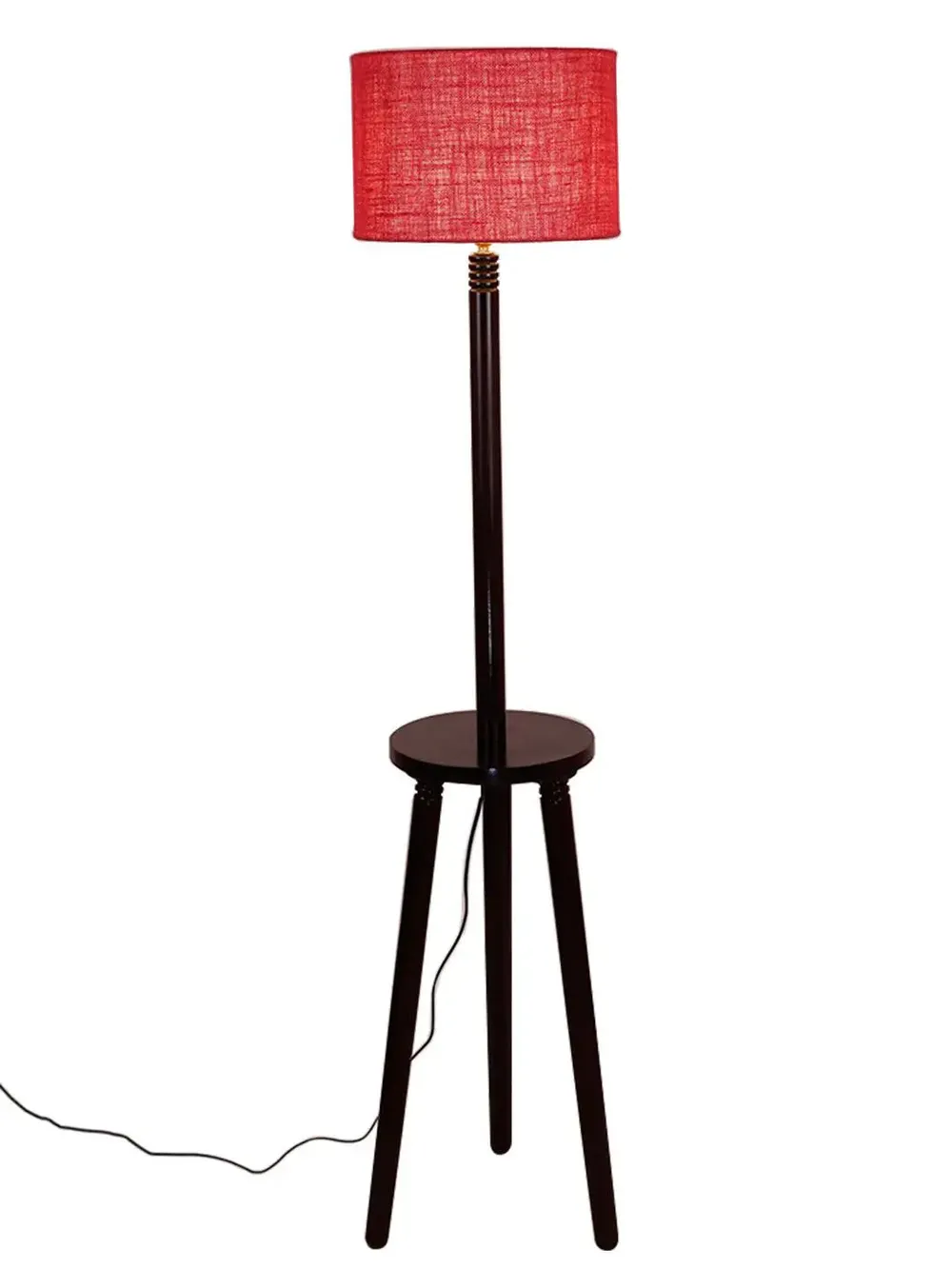 Premium Wood Brown Table Storage Floor Lamp With Jute Shade Maroon