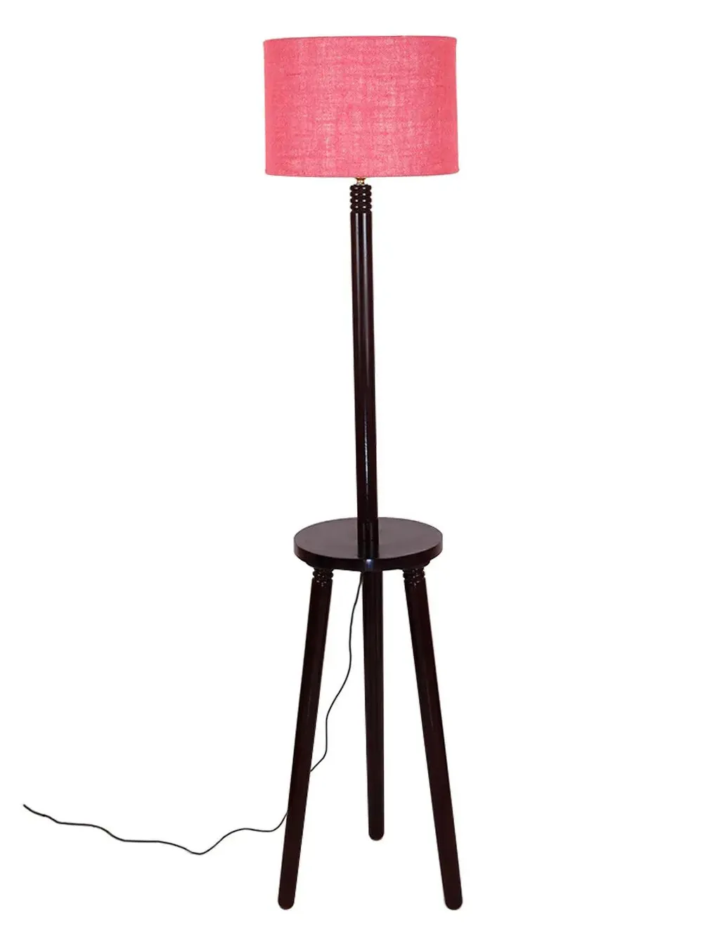 Premium Wood Brown Table Storage Floor Lamp With Jute Shade Maroon