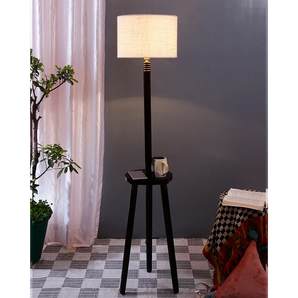 Premium Wood Brown Table Storage Floor Lamp With Jute Shade Maroon