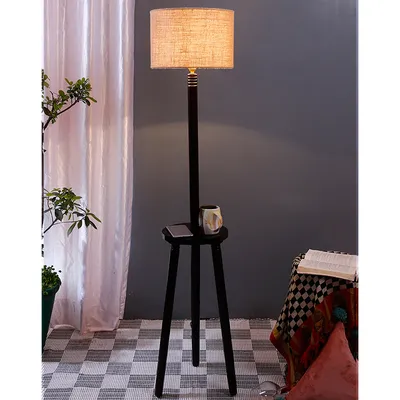 Premium Wood Brown Table Storage Floor Lamp With Jute Shade