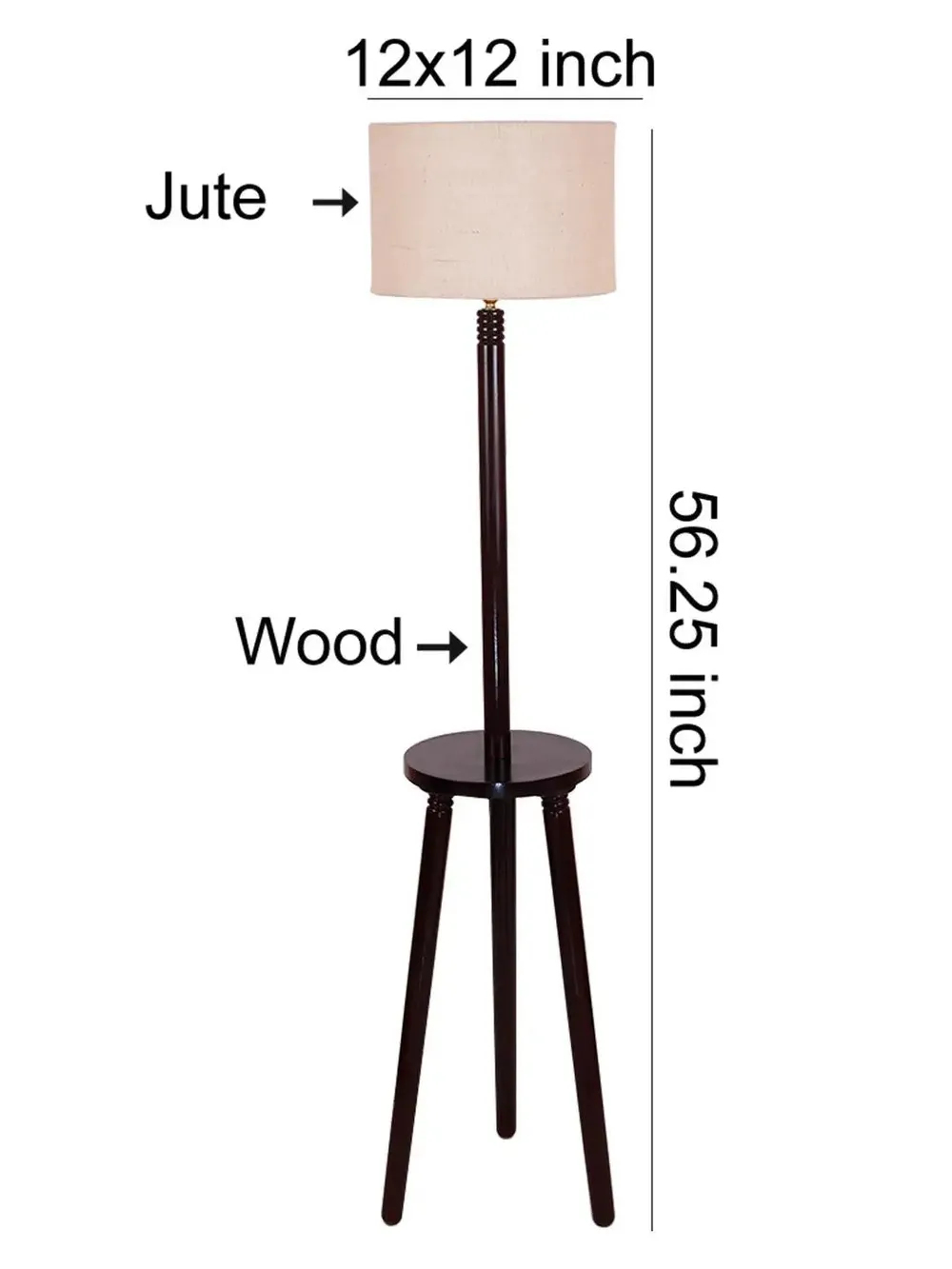 Premium Wood Brown Table Storage Floor Lamp With Jute Shade Maroon