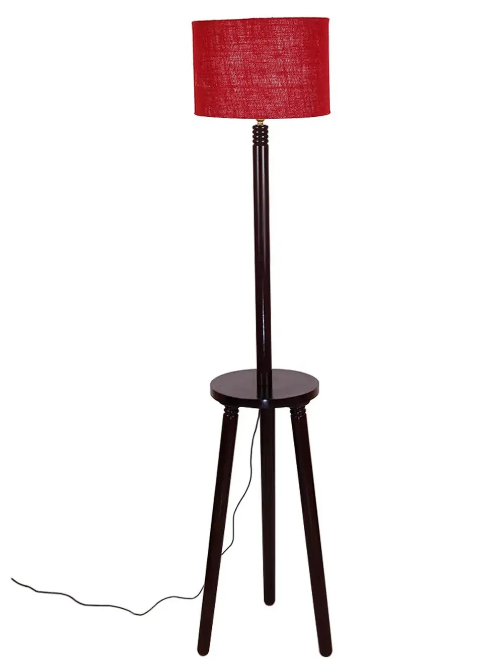 Premium Wood Brown Table Storage Floor Lamp With Jute Shade Maroon