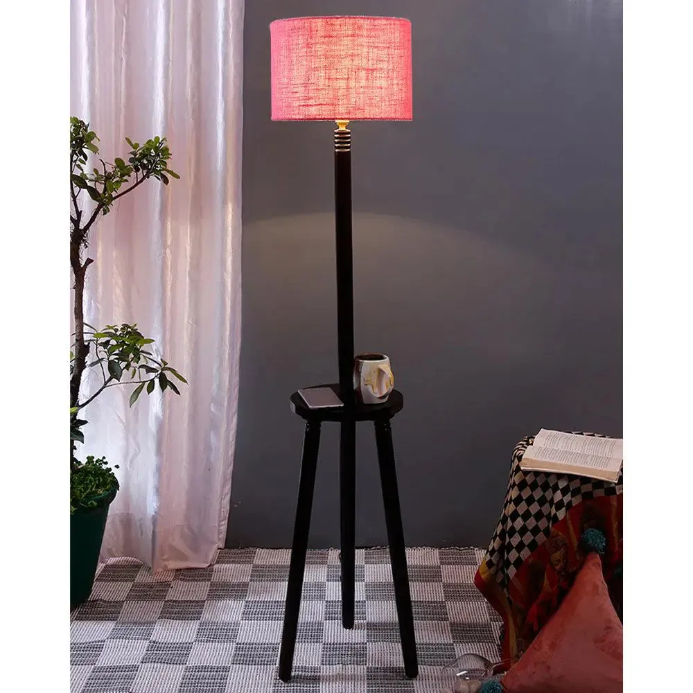 Premium Wood Brown Table Storage Floor Lamp With Jute Shade Maroon