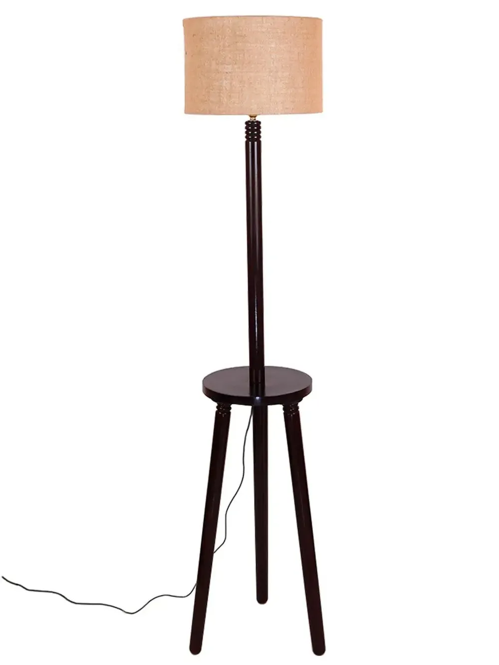 Premium Wood Brown Table Storage Floor Lamp With Jute Shade Maroon