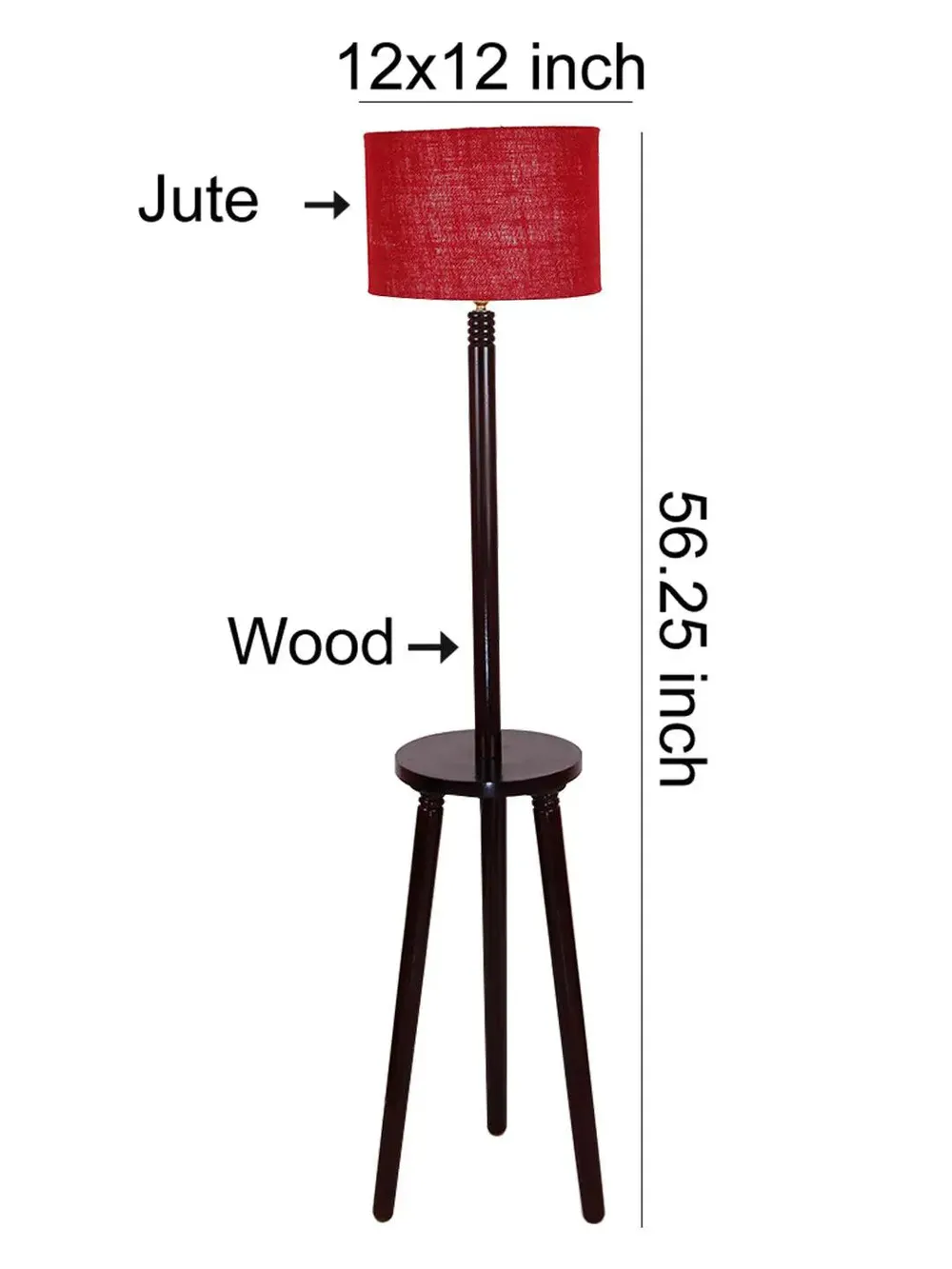 Premium Wood Brown Table Storage Floor Lamp With Jute Shade Maroon