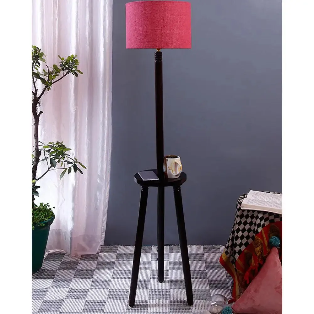 Premium Wood Brown Table Storage Floor Lamp With Jute Shade Maroon