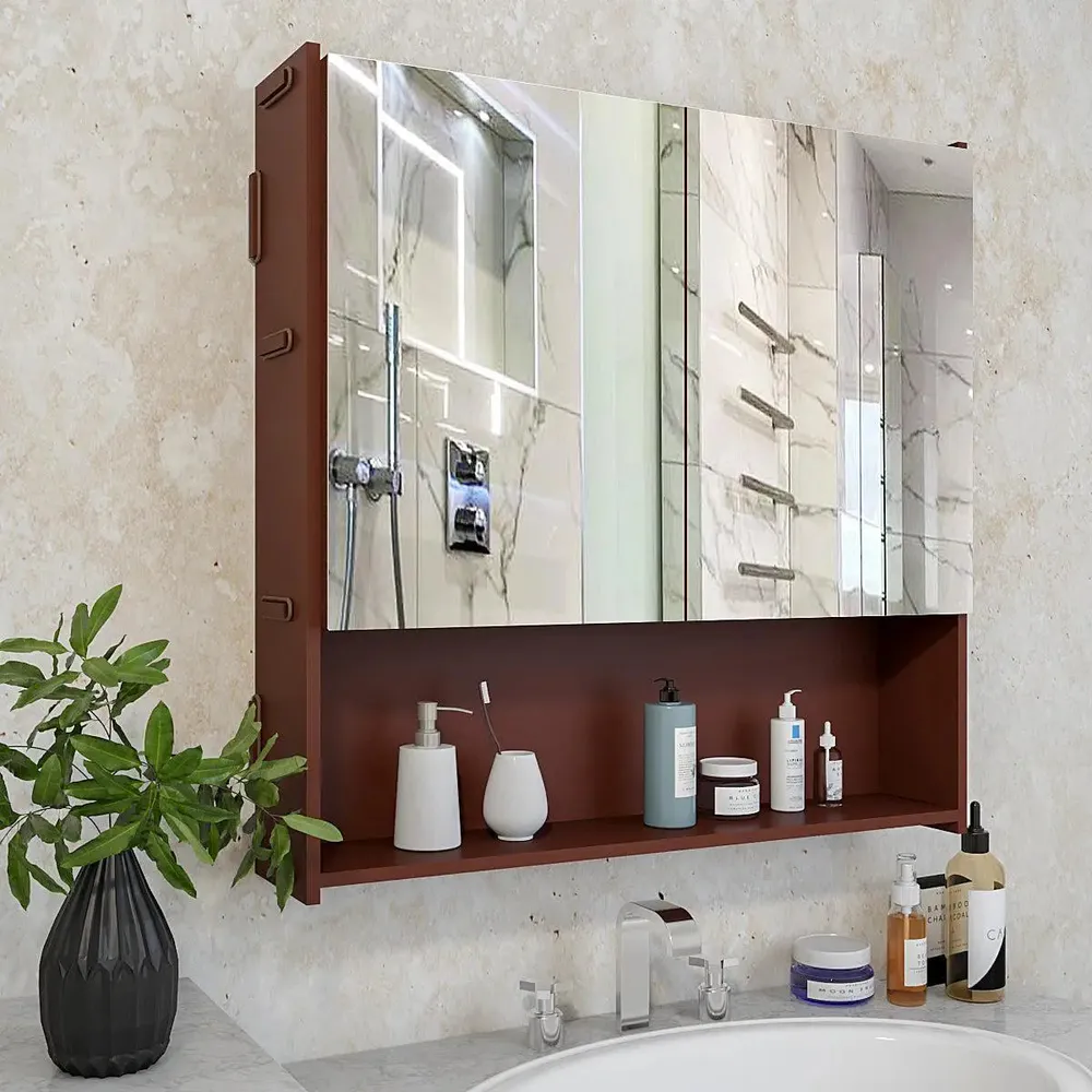 Premium Wooden Brown Bathroom Cabinet with Mirror &amp; 4 Spacious Shelves