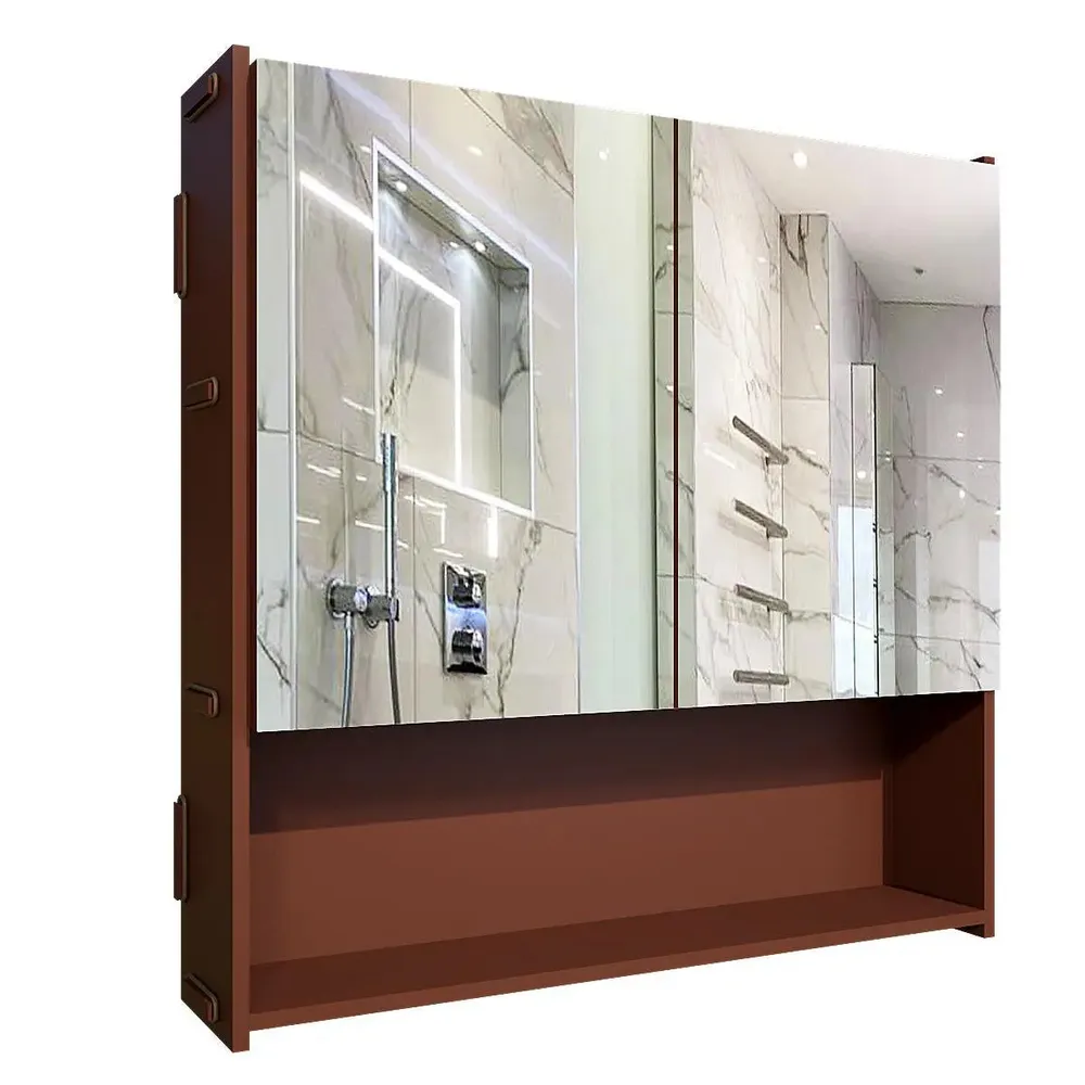 Premium Wooden Brown Bathroom Cabinet with Mirror &amp; 4 Spacious Shelves