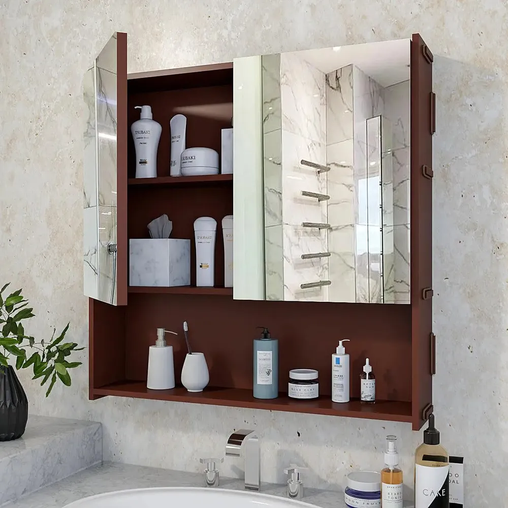 Premium Wooden Brown Bathroom Cabinet with Mirror &amp; 4 Spacious Shelves