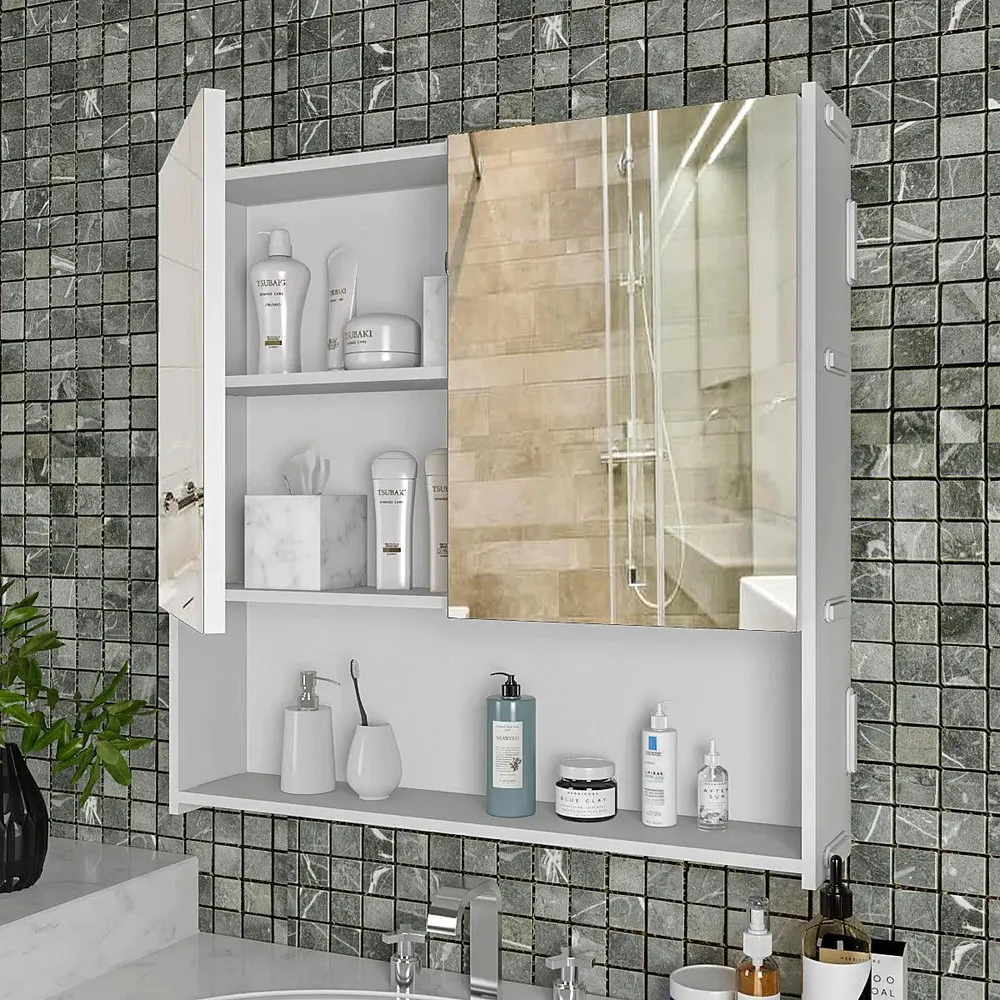 Premium Wooden White Bathroom Cabinet with Mirror &amp; 4 Spacious Shelves