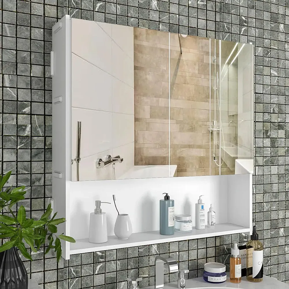 Premium Wooden White Bathroom Cabinet with Mirror &amp; 4 Spacious Shelves