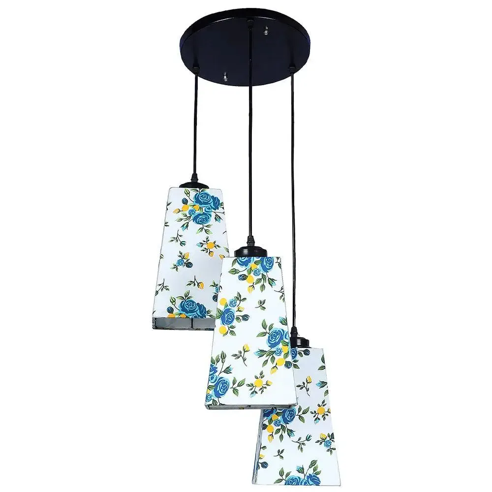 Pretty Blue Floral Cotton Pyramid Cluster Hanging Lamp