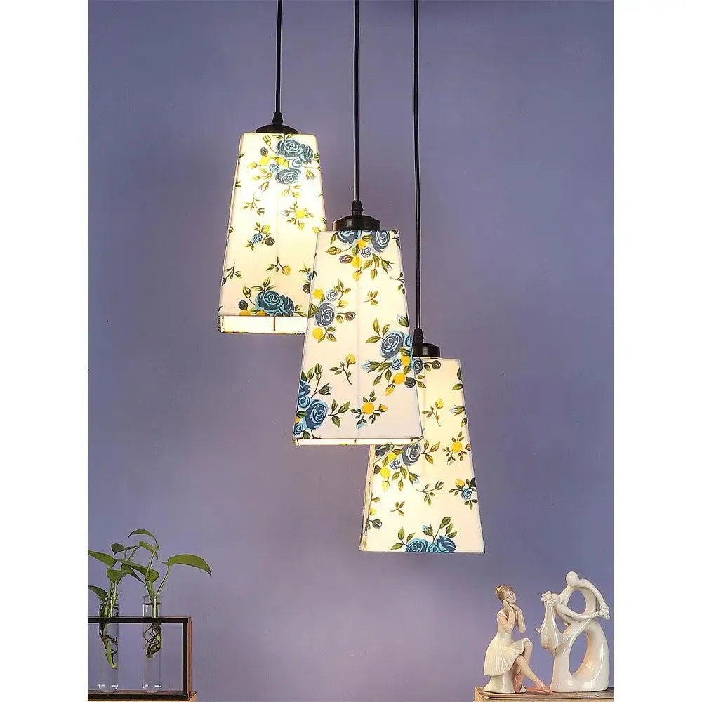 Pretty Blue Floral Cotton Pyramid Cluster Hanging Lamp