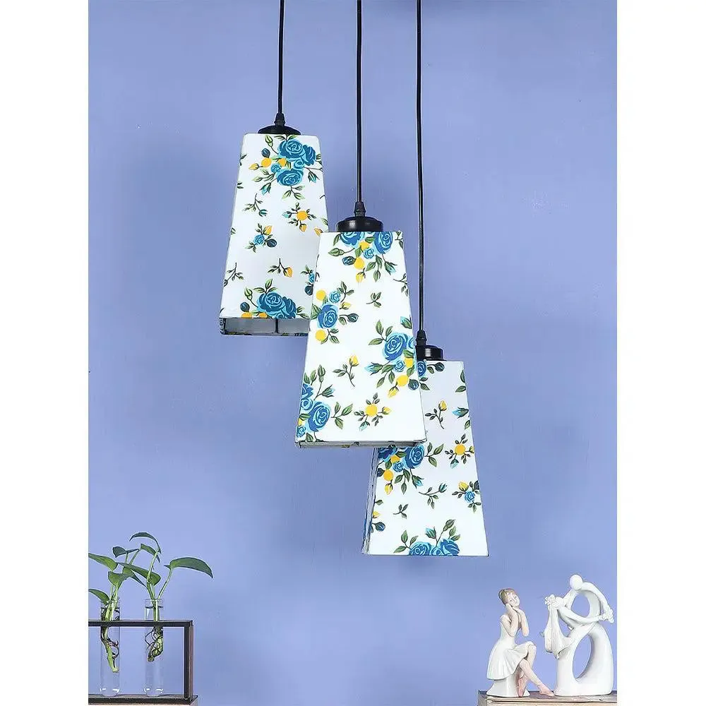 Pretty Blue Floral Cotton Pyramid Cluster Hanging Lamp