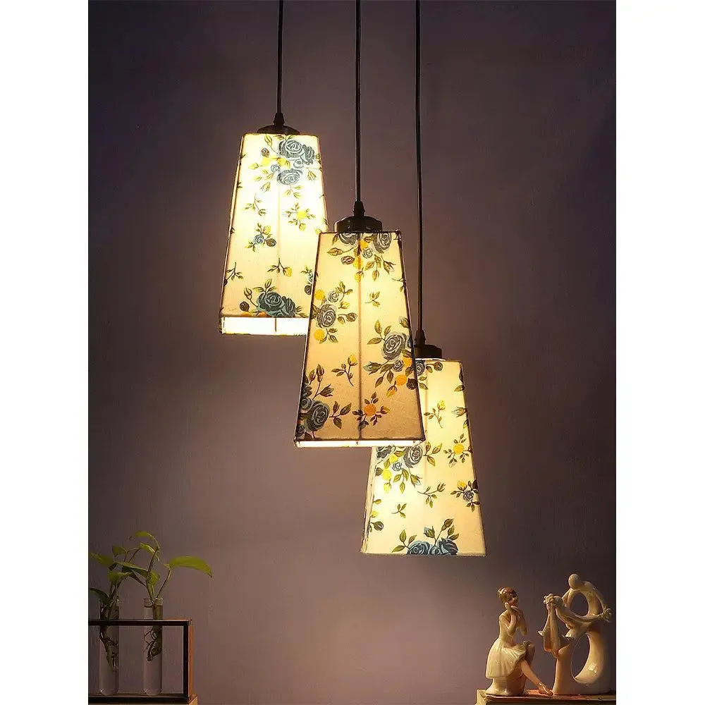 Pretty Blue Floral Cotton Pyramid Cluster Hanging Lamp