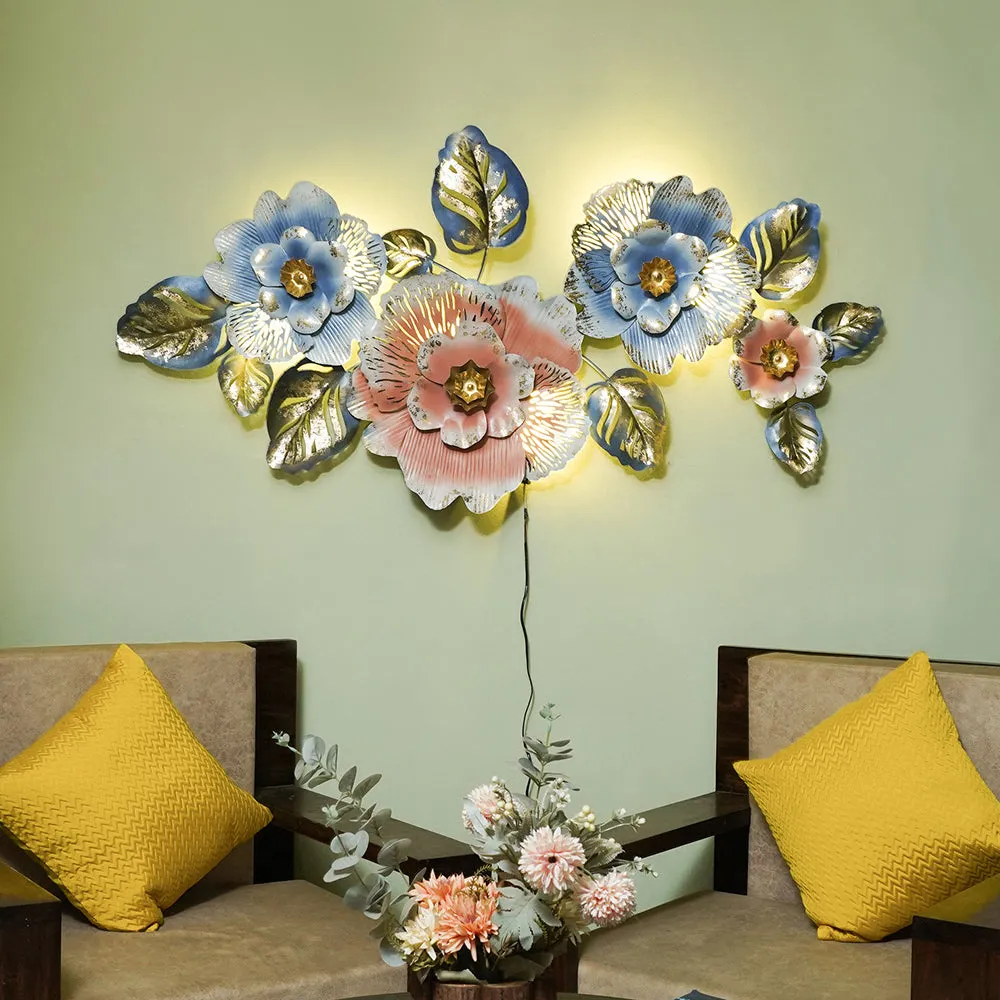 Pretty Blue & Peach Floral Metal Wall Art With LED