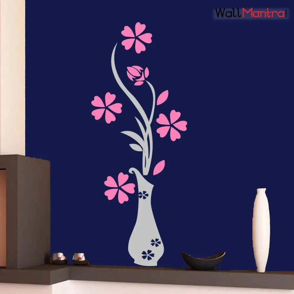 Pretty Flower Pot Wall Sticker & Decal In Pink & Gray