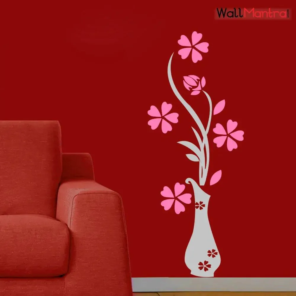 Pretty Flower Pot Wall Sticker & Decal In Pink & Gray