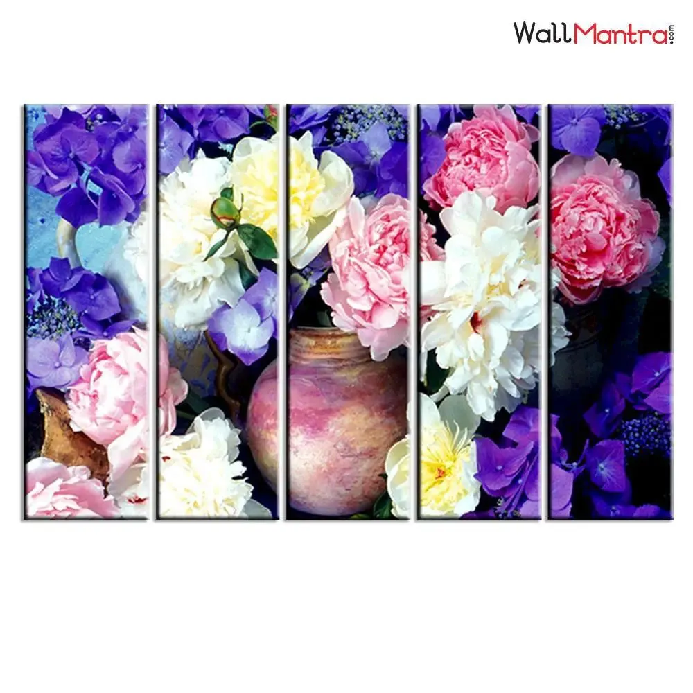 Pretty Flowers Canvas Wall Painting in Wooden Frames - 5 Panel