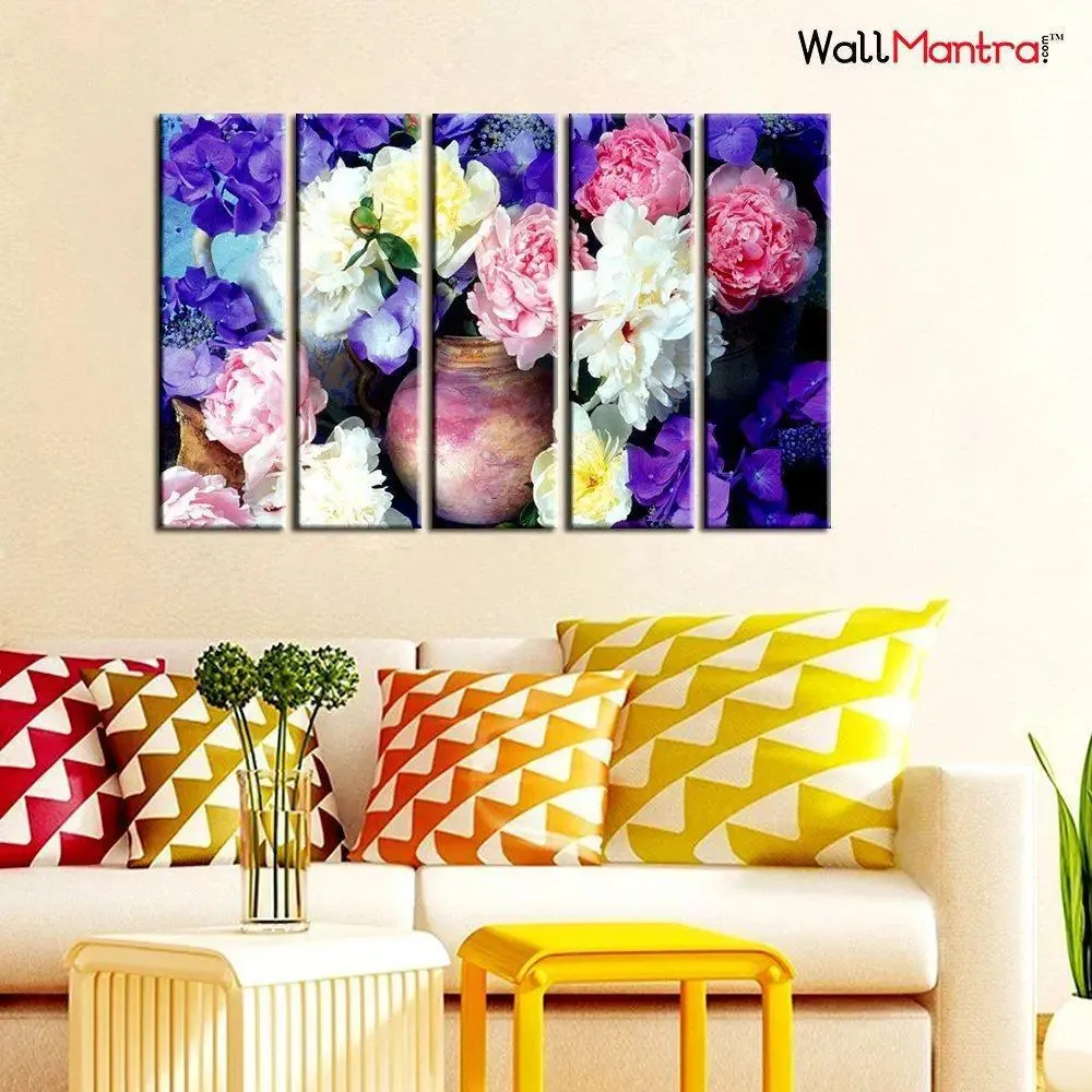 Pretty Flowers Canvas Wall Painting in Wooden Frames - 5 Panel