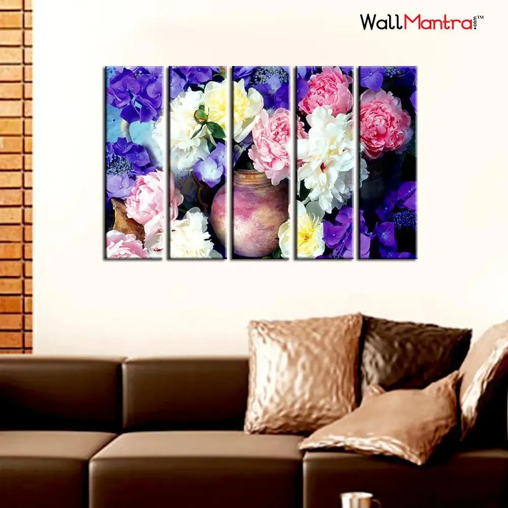 Pretty Flowers Canvas Wall Painting in Wooden Frames - 5 Panel