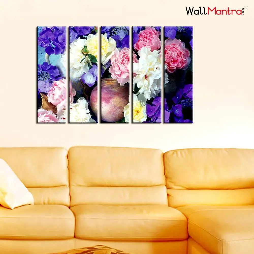 Pretty Flowers Canvas Wall Painting in Wooden Frames - 5 Panel