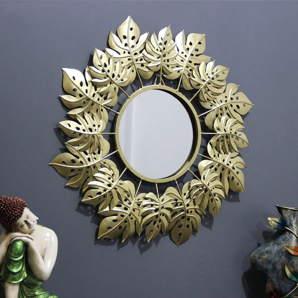 Pretty Golden Leaves Round Mirror Wall Decor