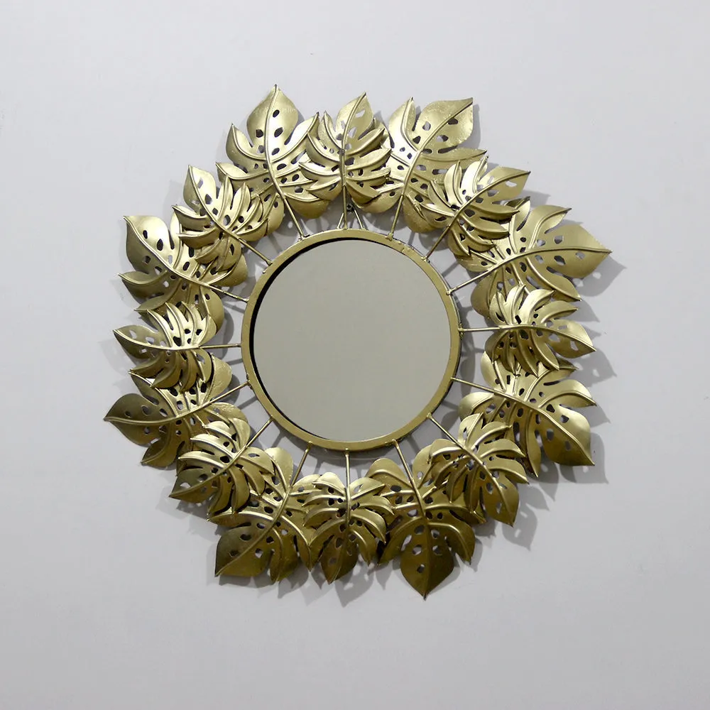 Pretty Golden Leaves Round Mirror Wall Decor