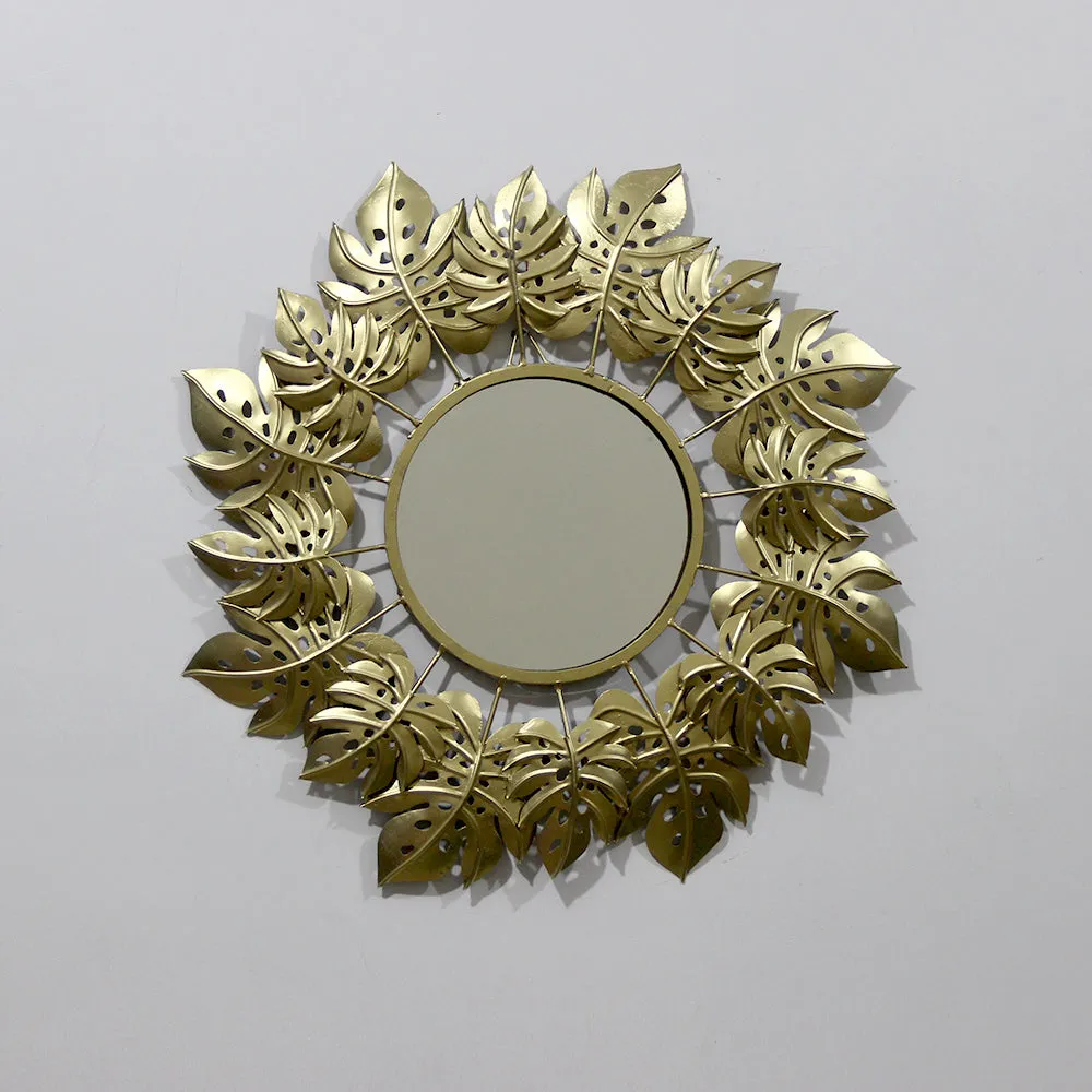 Pretty Golden Leaves Round Mirror Wall Decor