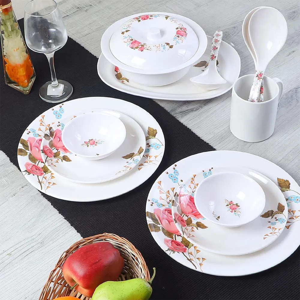 Pretty Red & Blue Flower Printed Melamine Dinner Set Of 33