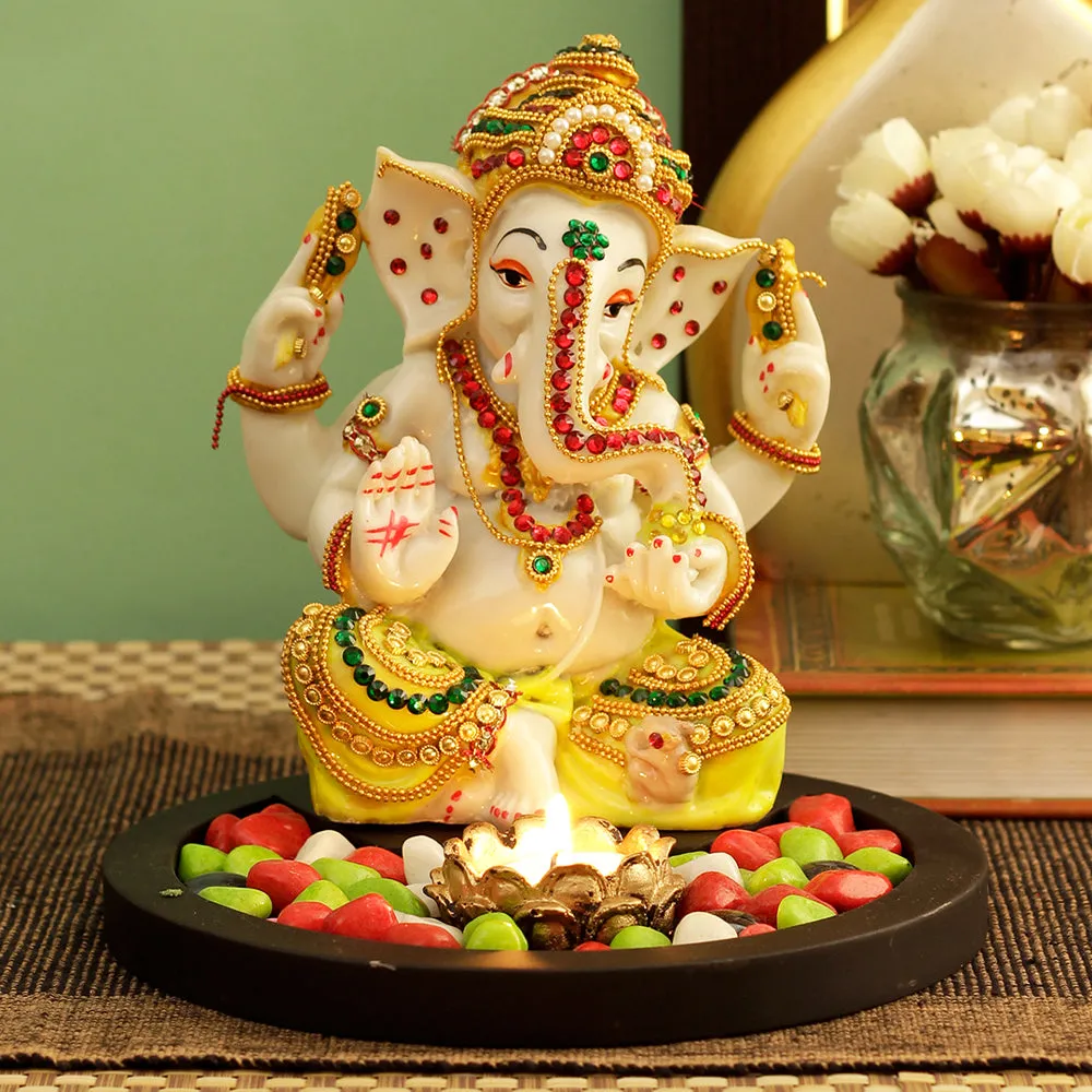 Pretty Yellow Ganesh Idol Decorative Showpiece Cum Tealight Holder